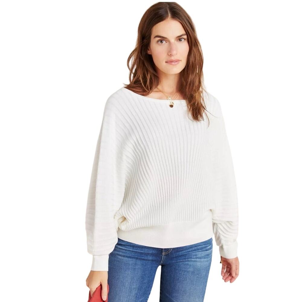 Anthropologie White Ribbed Batwing Knit Top